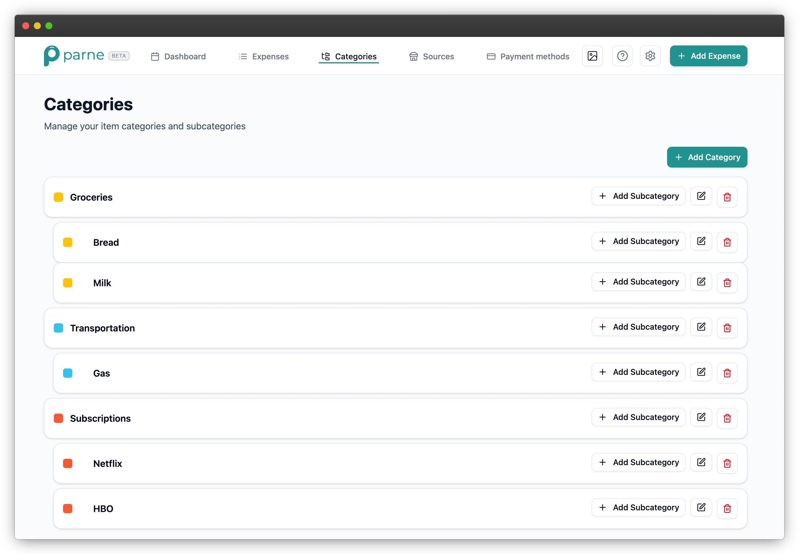 Category management screen with clean top-level categories and no merchant-based labels.