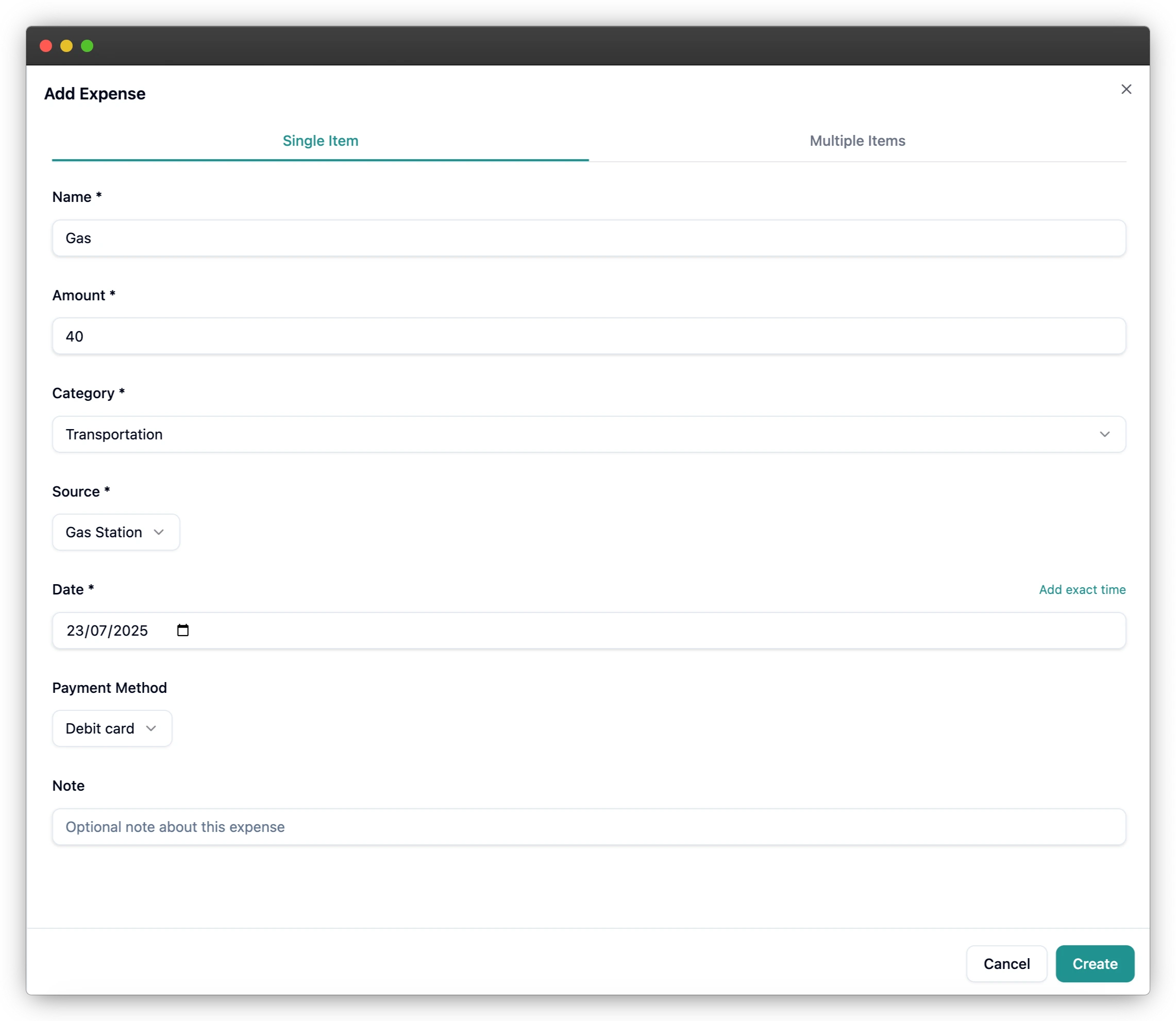 Create expense form filled with a one-time purchase example.