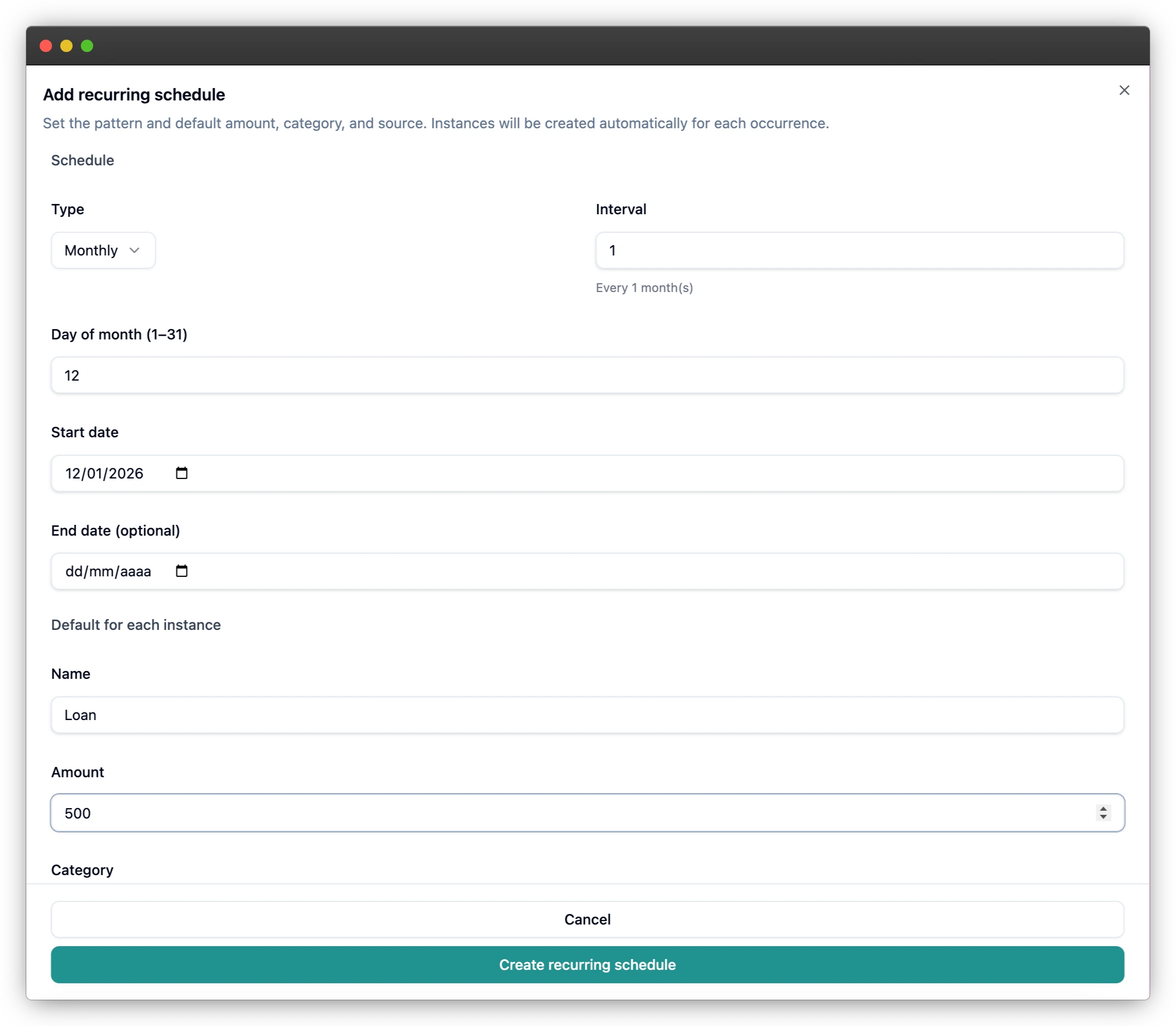 Recurring setup modal with frequency and next occurrence fields.