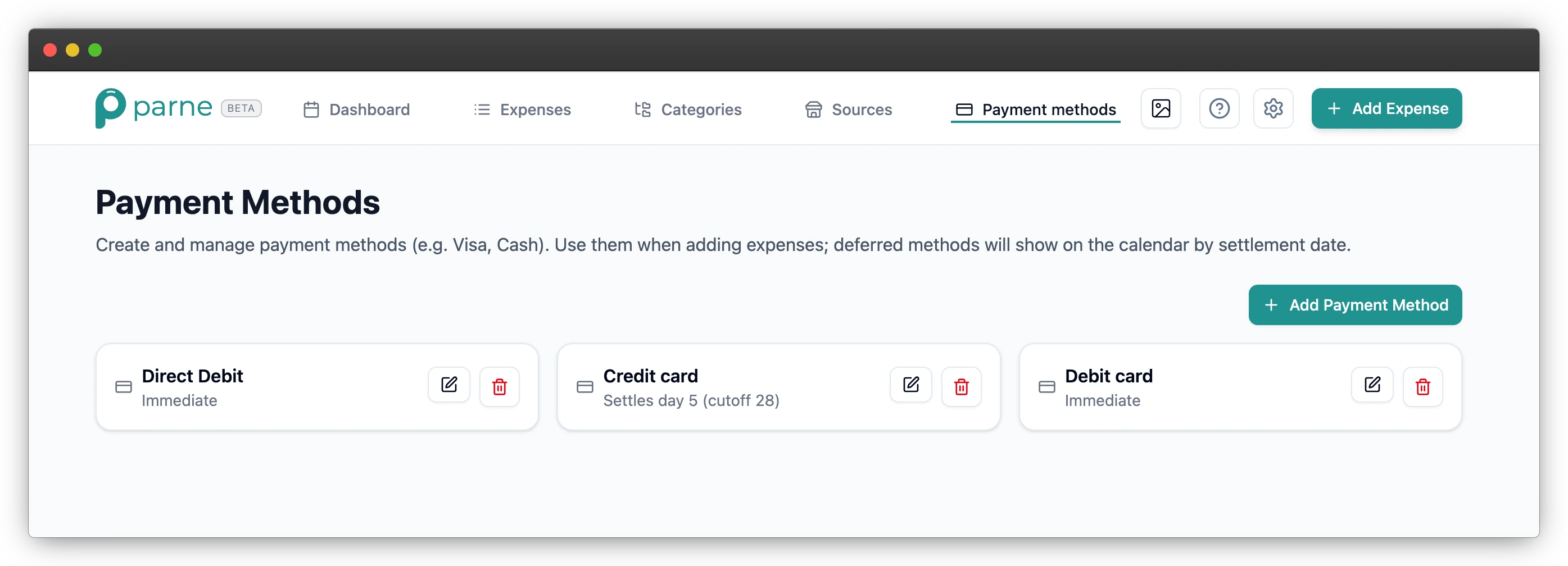 Payment methods page with immediate vs deferred settlement examples.