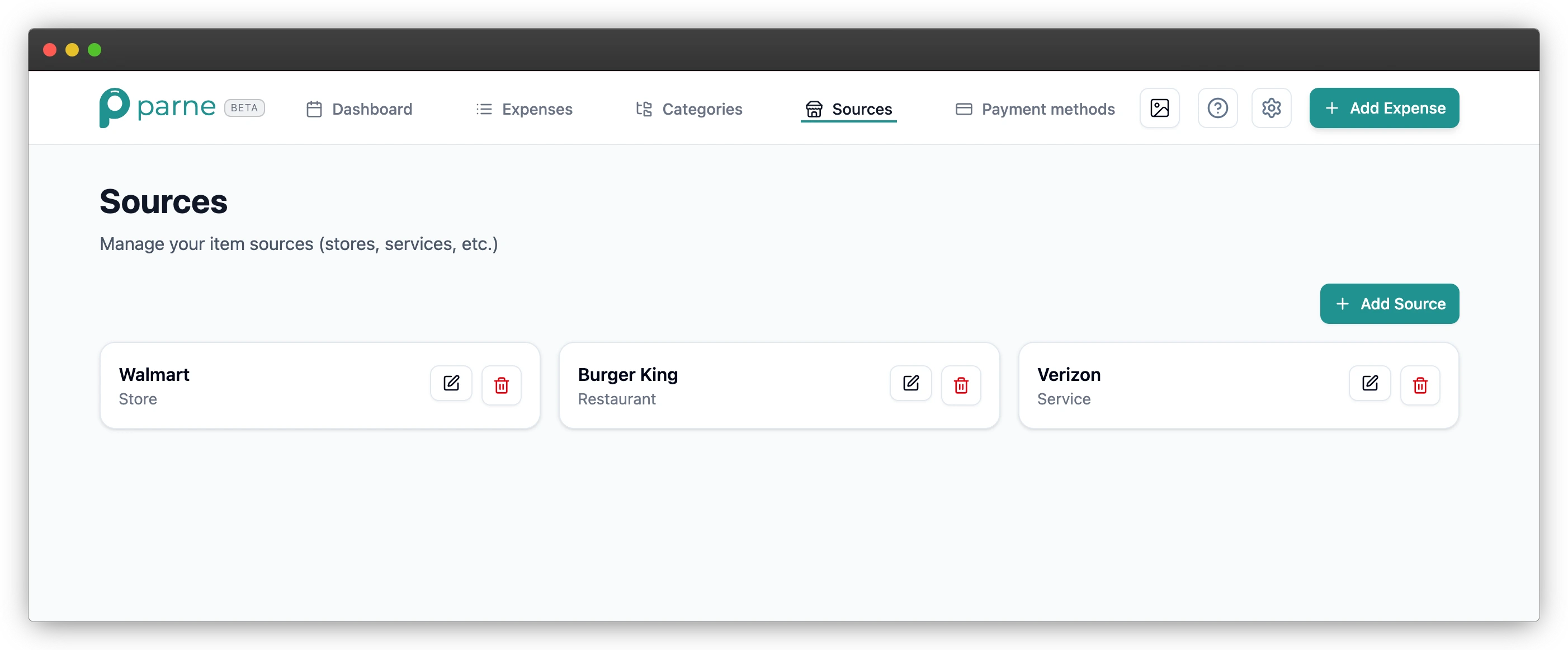 Sources list showing wallet, checking account, and savings account.
