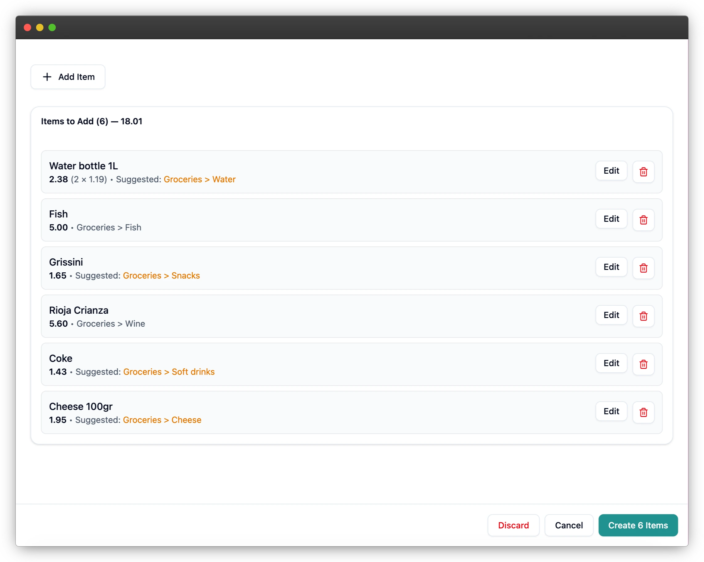 Draft extracted expense list with editable fields before final save.