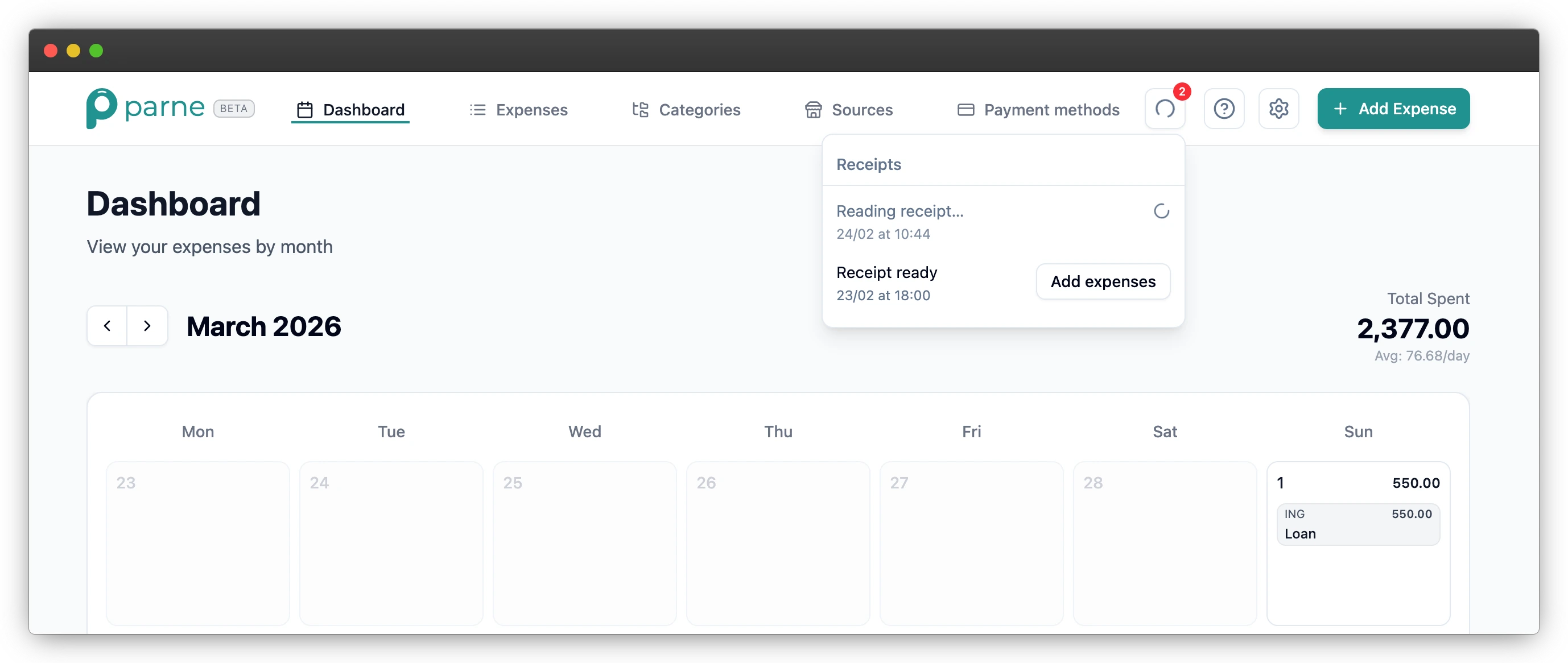 Receipts processing panel showing pending and completed states.